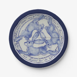 Drie Hares Rabbits Blue White Tile Medallion Papieren Bordje