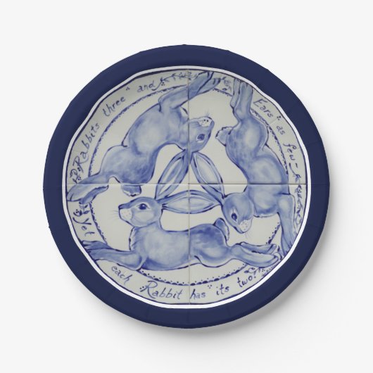 Drie Hares Rabbits Blue White Tile Medallion Papieren Bordje (Voorkant)