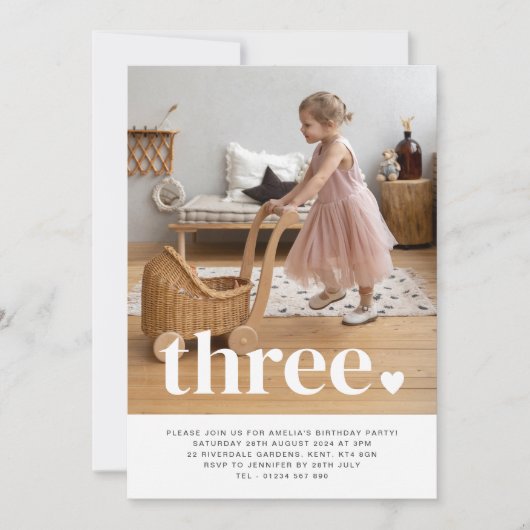 Drie Hart Foto eerste Birthday Uitnodiging (Voorkant)