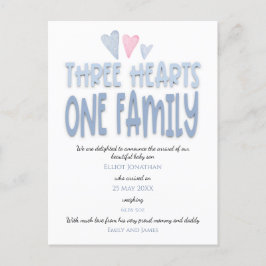 Drie harten een familie blauwe baby jongen geboort aankondigingskaart