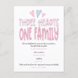 Drie harten één familie roze pasgeboren meisje geb aankondigingskaart