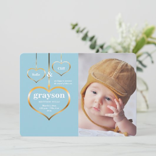 Drie Harten Foto Geboorteaankondiging Aankondiging (Staand voorkant)
