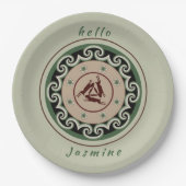 Drie hazen met drie oren met elkaar verbonden papieren bordje (Voorkant)