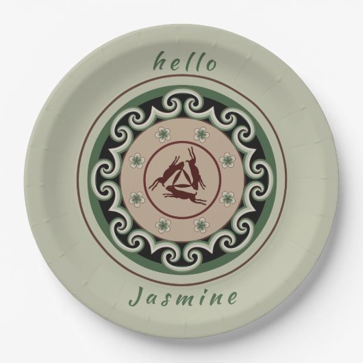 Drie hazen met drie oren met elkaar verbonden papieren bordje (Voorkant)