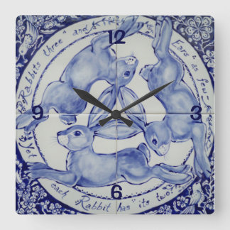 Drie Hazen Rabbit Blue en White Medallion Bird Vierkante Klok