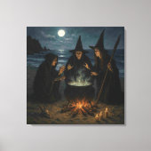 Drie Heksen Brouwen Ketel Volle Maan Strand Canvas Afdruk (Voorkant)