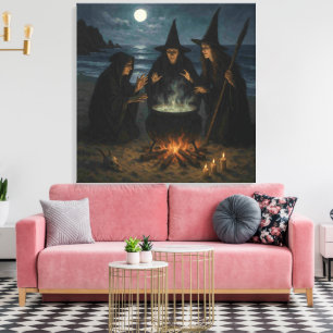 Drie Heksen Brouwen Ketel Volle Maan Strand Canvas Afdruk