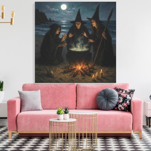 Drie Heksen Brouwen Ketel Volle Maan Strand Canvas Afdruk (Insitu (Woonkamer))