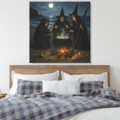 Drie Heksen Brouwen Ketel Volle Maan Strand Canvas Afdruk (Insitu (Slaapkamer))