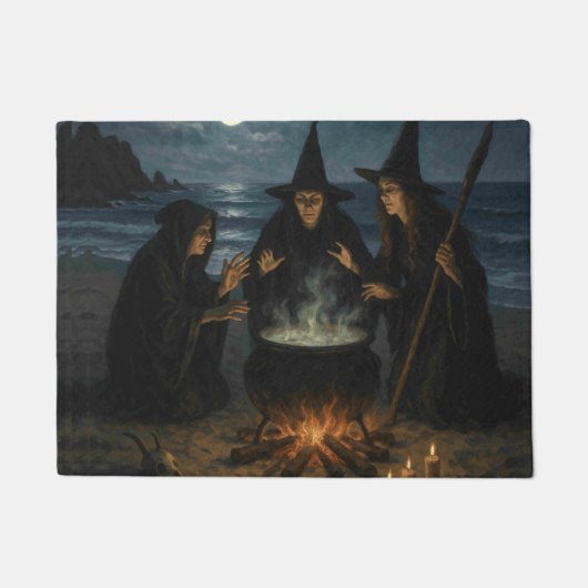 Drie heksen brouwen ketel Volle maan strand Deurmat (Voorkant)