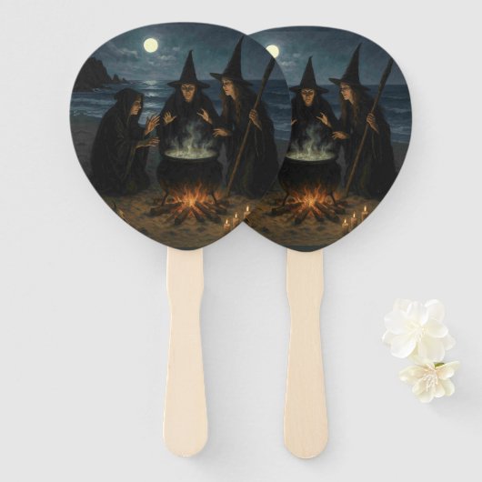 Drie Heksen Brouwen Ketel Volle Maan Strand Handwaaier (Voorkant en achterkant)