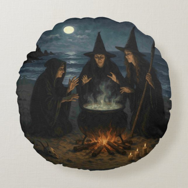 Drie Heksen Brouwen Ketel Volle Maan Strand  Rond Kussen (Voorkant)