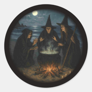 Drie Heksen Brouwen Ketel Volle Maan Strand Ronde Sticker