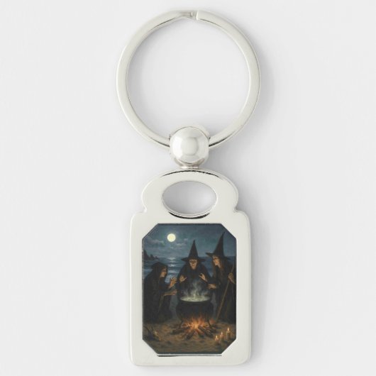 Drie heksen brouwen ketel Volle maan strand Sleutelhanger (Voorkant)