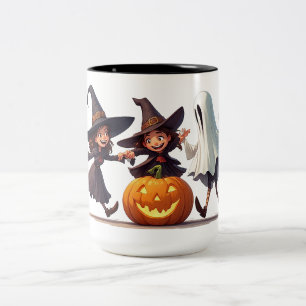 Drie Heksen En Dansende Glowende Pompoen 🧙 Tweekleurige Koffiemok