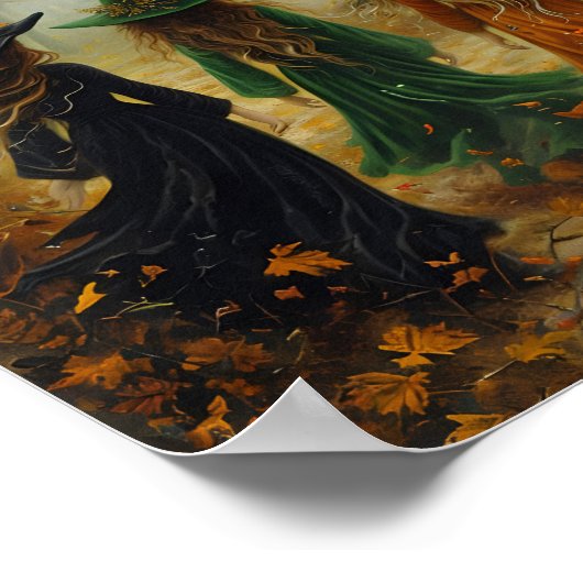 Drie heksen herfstbos Halloweenmuur Poster (Hoek)