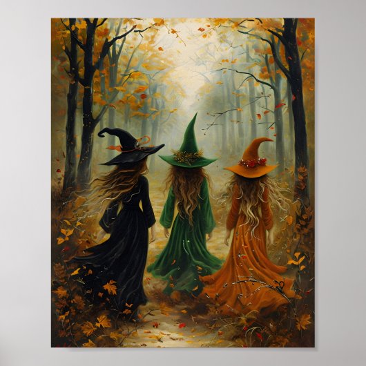 Drie heksen herfstbos Halloweenmuur Poster (Voorkant)