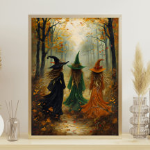 Drie heksen herfstbos Halloweenmuur