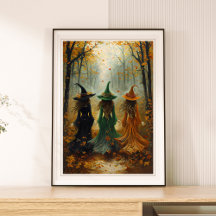 Drie heksen herfstbos Halloweenmuur