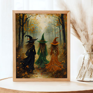 Drie heksen herfstbos  Halloweenmuur Poster