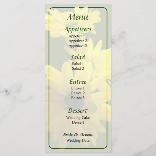 Drie heldergele margrieten trouwmenu menu (Voorkant)