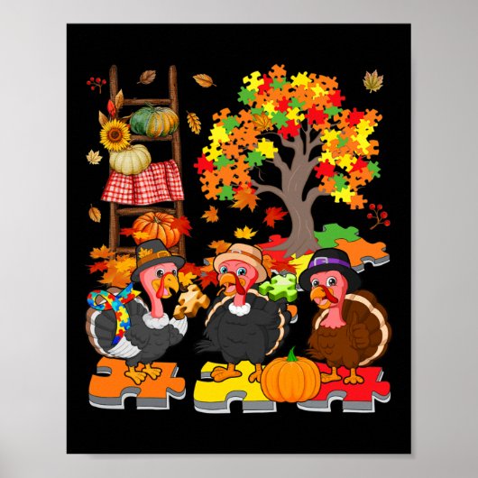 Drie Herfst Turkije met Autisme Bewustzijn Puzzel Poster (Voorkant)