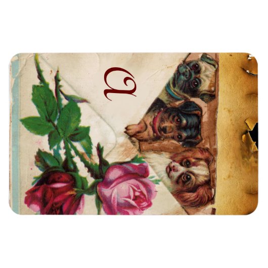 DRIE HONDEKJES MET ROZEN  MONOGRAM MAGNEET (Horizontaal)