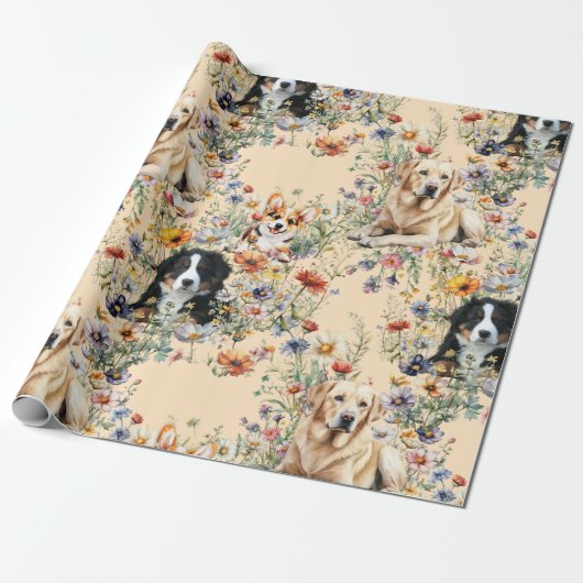Drie honden in bloemen naadloos  cadeaupapier (Uitgerold)