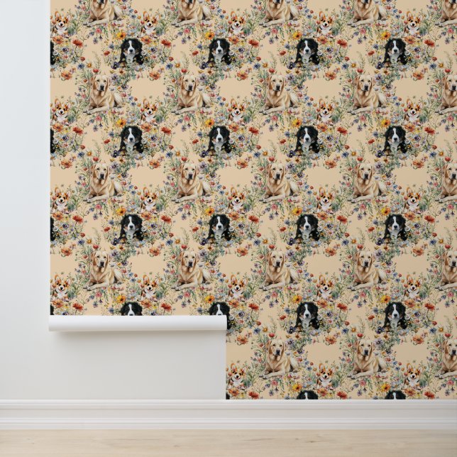 Drie honden in wilde bloemen naadloos  behang (Applicatie)