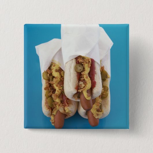 Drie hotdogs in bundels vierkante button 5,1 cm (Voorkant)