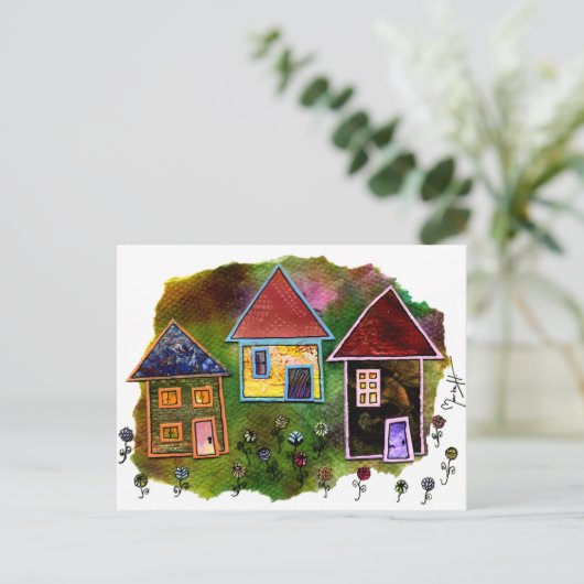 Drie Huis Collage met Bloemen Briefkaart (Staand voorkant)