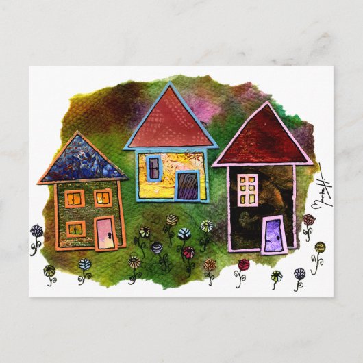 Drie Huis Collage met Bloemen Briefkaart (Voorkant)