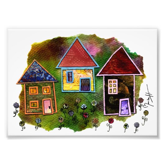 Drie Huis Collage met Bloemen Foto Afdruk (Voorkant)