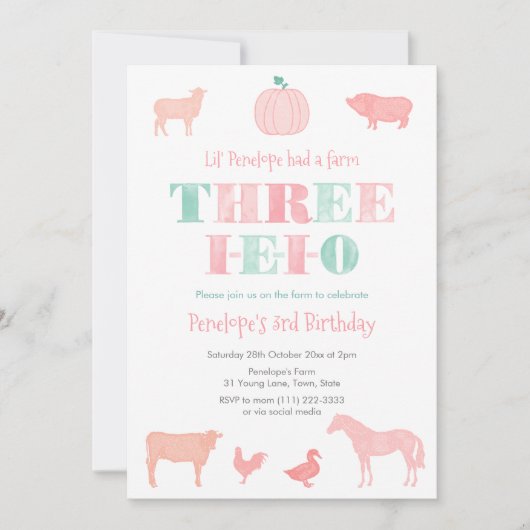 DRIE-IEIO roze pompoen 3e verjaardagsfeestje Kaart (Voorkant)