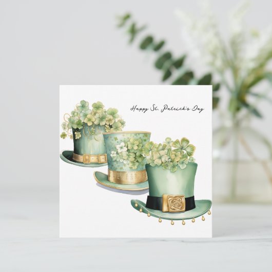 Drie Ierse St Patrick's Day Leprechaun Petten Kaart (Staand voorkant)