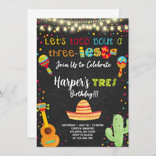 Drie-iesta fista meisjes verjaardagsuitnodiging. kaart (Voorkant / Achterkant)