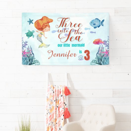 Drie in het Zee Zeemeermin Meisjes 3e Verjaardag Spandoek (Insitu)