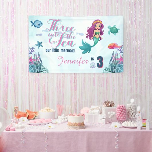 Drie in het Zee Zeemeermin Meisjes 3e Verjaardag Spandoek (Feest)