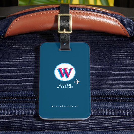 Drie Initiaal van Lagen W (editable) Blauw Bagagelabel (Voorkant Insitu 2)