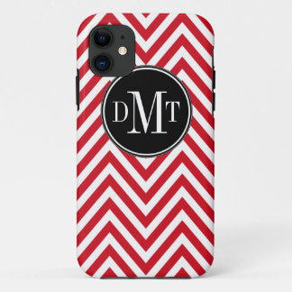 Drie Initialen Monogram Red Chevron Pattern iPhone 11 Hoesje