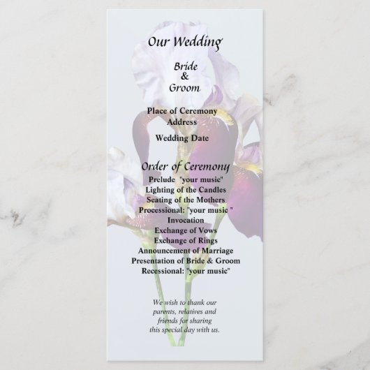 Drie irissen in tinten van magenta programmakaart (Voorkant)