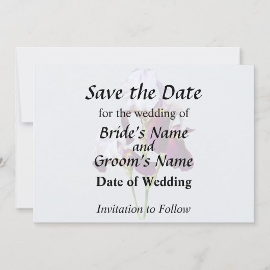 Drie irissen in tinten van magenta save the date (Voorkant)