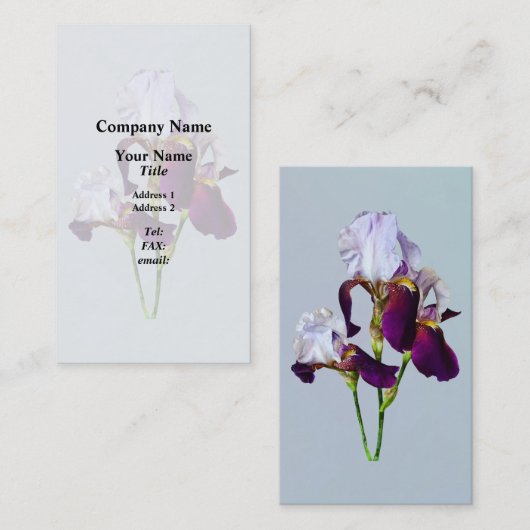 Drie irissen in tinten van magenta visitekaartje (Voorkant / Achterkant)