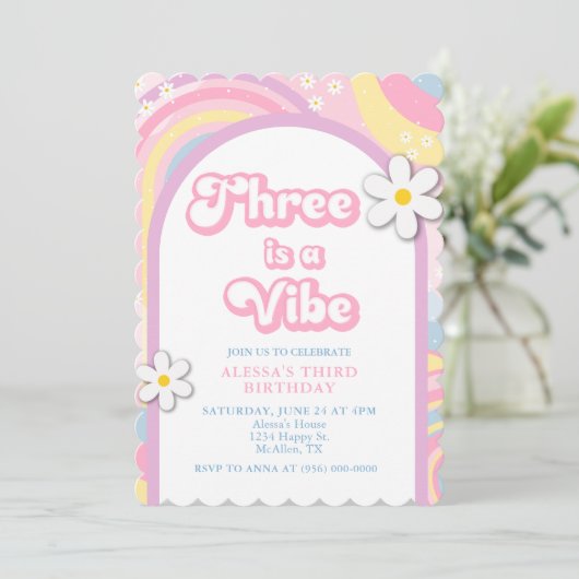 Drie is een Vibe Groovy, Retro Meisje Pastelkleure Kaart (Staand voorkant)
