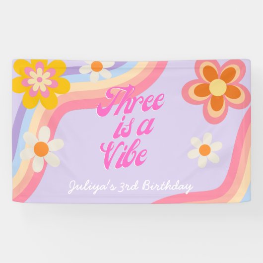 Drie is een vibe Retro Rainbow 3e verjaardag Spandoek (Horizontaal)