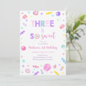 Drie is So Sweet Snoep Lollipop Verjaardag Kaart (Staand voorkant)