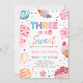 Drie is Sweet Donut Snoep 3e verjaardag uitnodigin Kaart (Voorkant)
