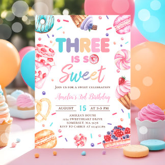 Drie is Sweet Donut Snoep 3e verjaardag uitnodigin Kaart