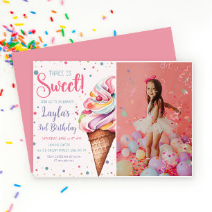 Drie is Sweet Ice Cream 3e verjaardag foto Kaart