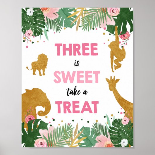 Drie is Sweet Safari Animals Girl Birthday Sign Poster (Voorkant)